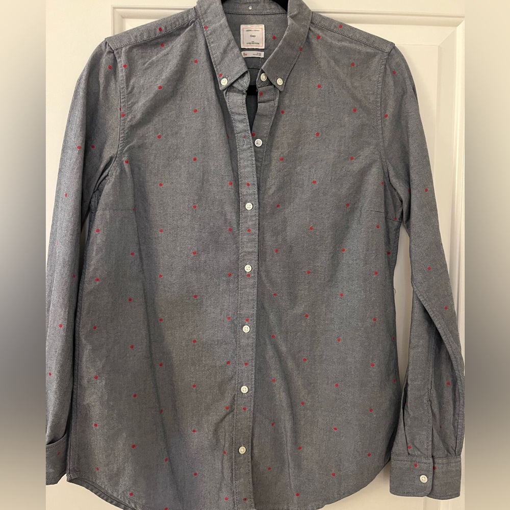 Women’s chambray button up Shirt with Red polka dots